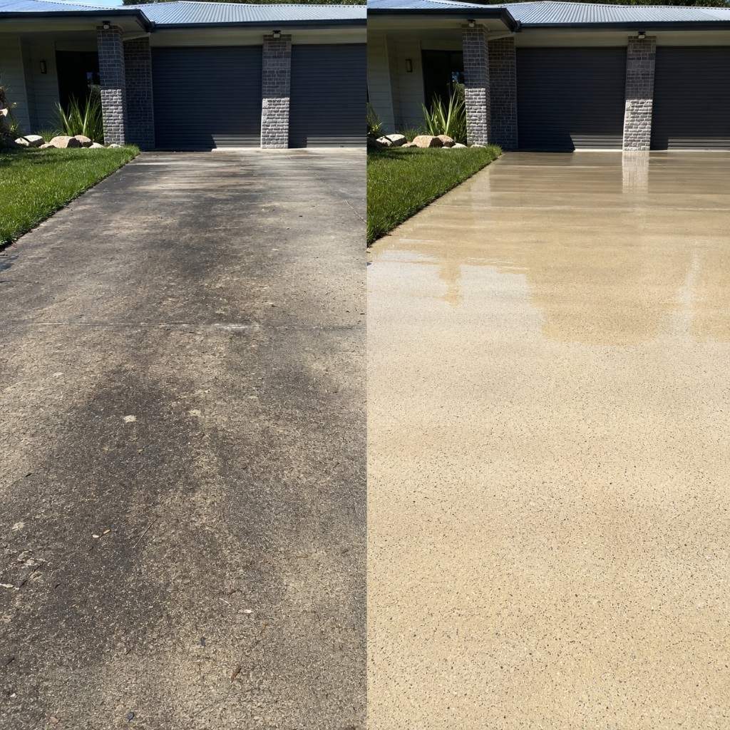 Before and after driveway cleaning showing a stained driveway transformed to a bright clean finish
