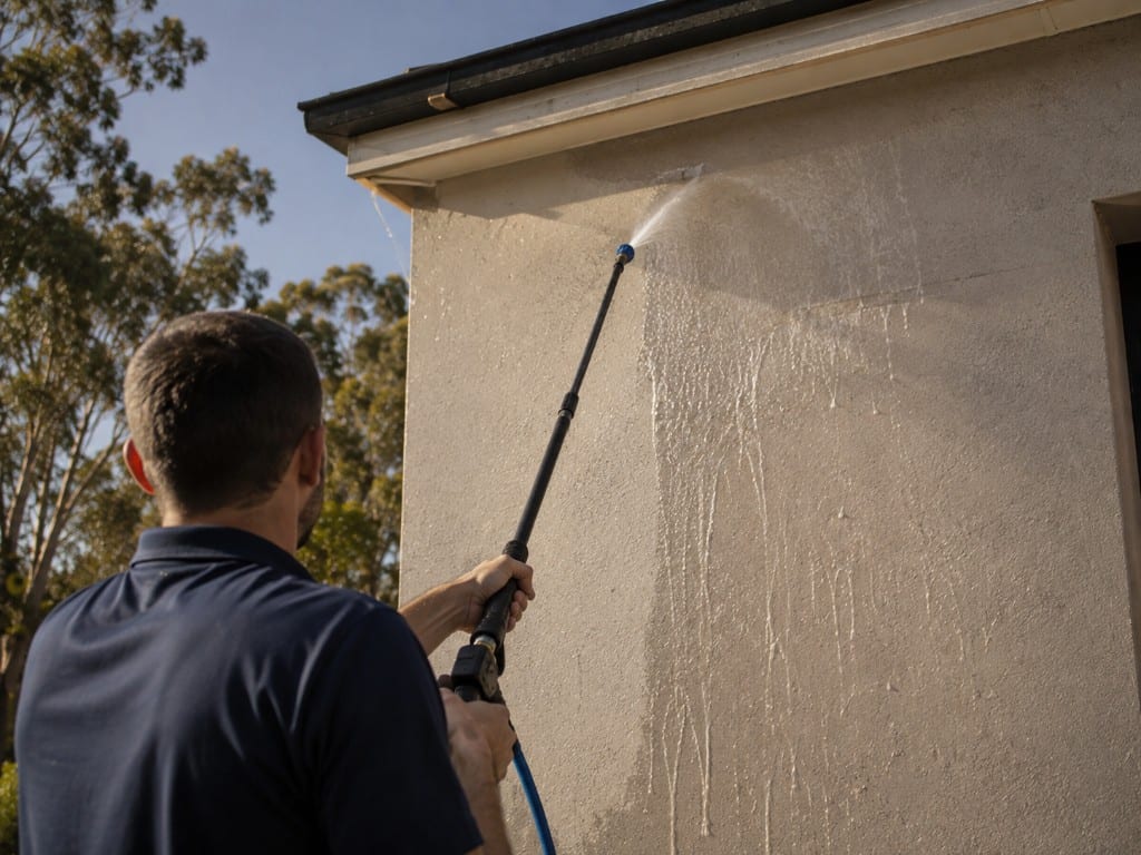 Soft-washing an exterior wall