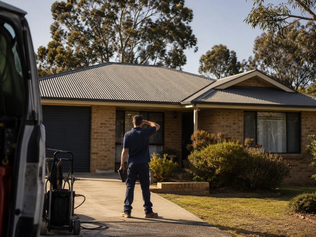 Technician inspecting a Central West home from the driveway